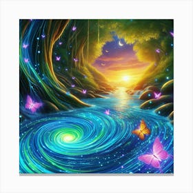 Stream With Bioluminescent Fish Butterflies Sun Spinning Wind Tree 4 Canvas Print