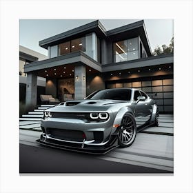 Silver Grey Dodge Hellcat With Full Body Kit In Front Of Modern House 3 Canvas Print