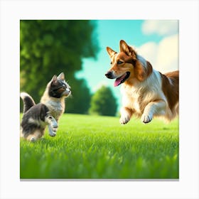 Dog And Cat Playing In The Grass Canvas Print