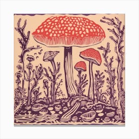 Mushroom Woodcut Purple 9 Canvas Print