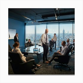 Confident Ceo Standing Center At A Sleek Modern Office Workshop Surrounded By Focused Team In Moti (2) Canvas Print