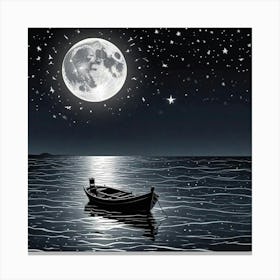 Serene Boat Scene With Moon On Beach Art Print (1) Canvas Print