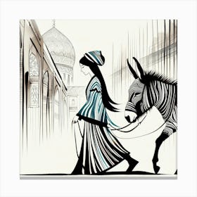 Woman And A Donkey Canvas Print
