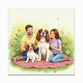 A Cavalier King Charles Spaniel And A Family On A Picnic Blanket, Watercolor 1 Canvas Print