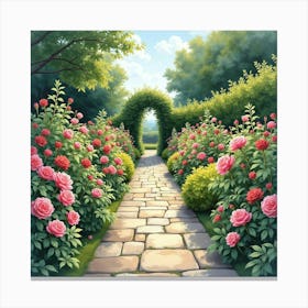 An English Garden With A Classic Stone Path And Blooming Roses, Watercolor 1 Canvas Print