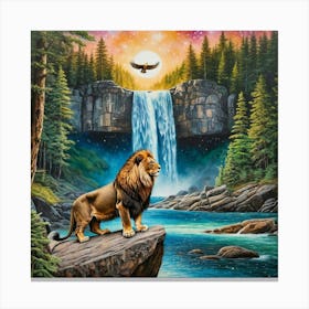 Lion At The Waterfall Canvas Print