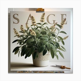 A Touch of Nature: A Realistic Painting of a Sage Plant in a White Ceramic Pot Canvas Print
