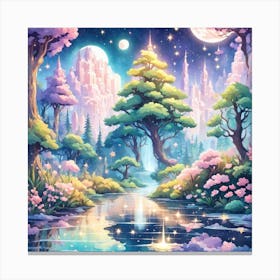 A Fantasy Forest With Twinkling Stars In Pastel Tone Square Composition 74 Canvas Print