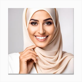 A Closeup Photo Portrait Of A Beautiful Young Arab Muslim Model Woman Wearing Hijab Headscarf And Smiling 2 Canvas Print
