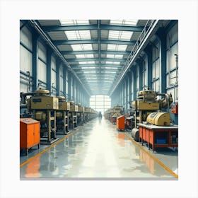 Industrial Factory Floor In Watercolor, With Machinery And Production Lines Canvas Print