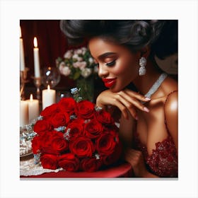 Beautiful African Woman With Red Roses Canvas Print