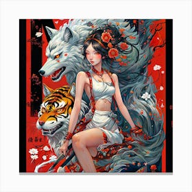 Ethereal East: chines girl with Tiger & wolf Canvas Print