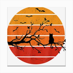 Halloween Cat And Bats Retro Sunset Canvas Print