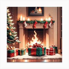 Christmas Fireplace With Presents Canvas Print
