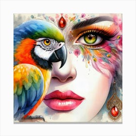 Face Of A Woman With Parrot Canvas Print