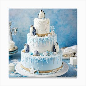 Penguins March Around The Base Of A Tiered Cake Decorated In Shades Of Cool Blue And White Adorned Canvas Print