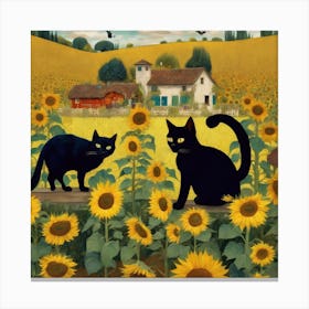 Gustav Klimt Inspired , Farm Garden With Sunflowers And A Black Cat Canvas Print