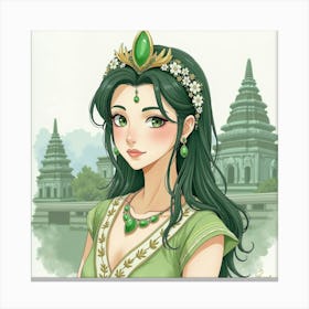 Jade Tiara, Watercolor, Ancient Temple Ruins 1 Canvas Print