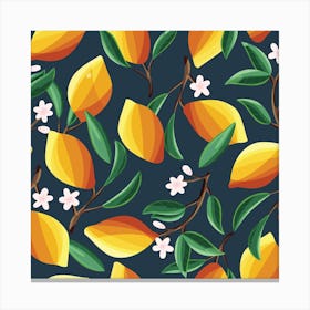 Sunny Lemon Pattern With Florals On Blue Square Canvas Print