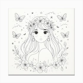 Girl with Pearl Earrings and Flower Crown: A Minimalistic and Delicate Line Art Drawing Canvas Print
