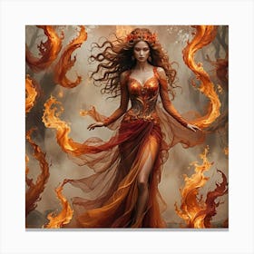 elegant fire woman stands draped in layers of ethereal tulle that swirl around her like living flames.  Canvas Print