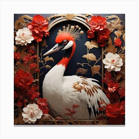 Crane With Red Flowers Canvas Print