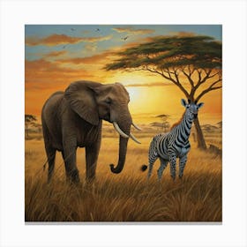 Zebra And Elephant At Sunset Canvas Print