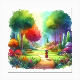 Watercolor Of A Girl In The Garden Canvas Print