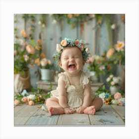 Baby Laughing In Front Of Flowers 1 Canvas Print