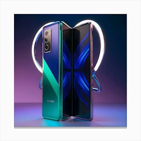 A Highly Detailed, Futuristic 3d Rendered Depiction Of A Sleek Mobile Phone, Showcasing A Vibrant, Electric Blue And Neon Green Color Scheme With Metallic Accents, Set Against A Dark, Gradient Purple Background   Canvas Print