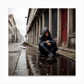 Homeless Man Sitting On The Street Canvas Print