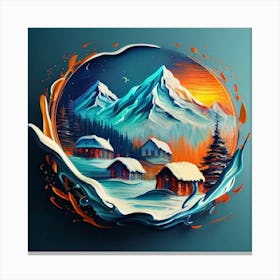 Abstract painting of a mountain village with snow falling 22 Canvas Print