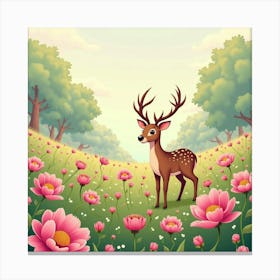 Deer In Blooming Peony Meadow 1 Canvas Print