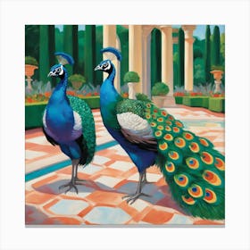 Peacocks in a Renaissance Garden Series. In Style of David Hockney 1 Canvas Print