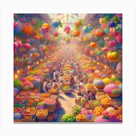 A vibrant and bustling market filled with colorful fruits and flowers.3 Canvas Print