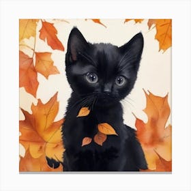 Black Kitten In Autumn Leaves 6 Canvas Print