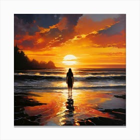 A Solitary Figure Stands At The Waters Edge Silhouetted Against The Vibrant Backdrop Of A Sunset Canvas Print