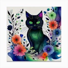Black Cat With Flowers 7 Canvas Print