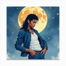 Watercolor Illustration Of Michael Jackson With Moonlit Skies 1 Canvas Print