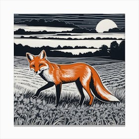 Fox In Field Linocut Canvas Print