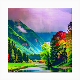 Watercolor: Green And Red Trees And A River With Mountains And Clouds In The Background Canvas Print