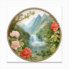 Waterfall With Roses 2 Canvas Print