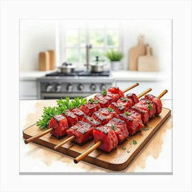 Watercolor Sketch Of A Tender And Juicy Beef Kebabs On A Stylish Kitchen Countertop Canvas Print