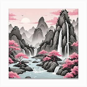 Chinese Landscape With Waterfalls, Black And Pink Canvas Print