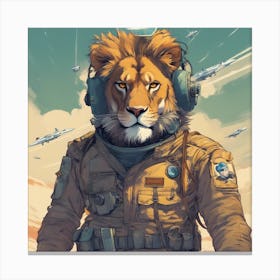 A Badass Anthropomorphic Fighter Pilot Lion, Extremely Low Angle, Atompunk, 50s Fashion Style, Intri (2) Canvas Print