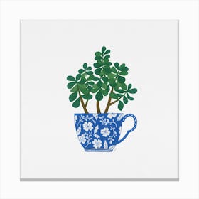 Jade Houseplant Blue Tea Cup Painting Canvas Print