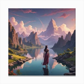 Woman In Red Standing By A Lake Canvas Print