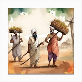 Three Indian Men Carrying Baskets Canvas Print