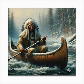 Oil Texture Native American Indian Canoeing 2 Canvas Print