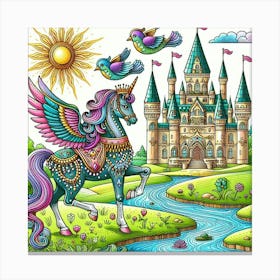 Unicorn And Castle Coloring Page 1 Canvas Print